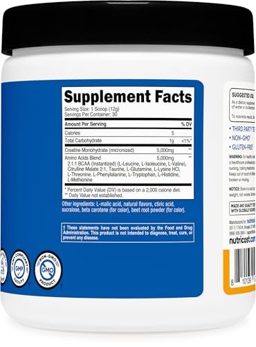 Nutricost Creatine + Aminos 30 Servings – BCAA Blend (L-Leucine, L-Isoleucine, L-Valine): 5,000mg – Image 9