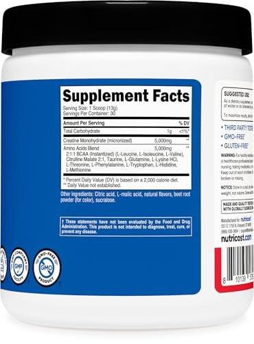 Nutricost Creatine + Aminos 30 Servings (Fruit Punch Flavored) - 5,000mg Creatine Monohydrate + 5000mg Amino BCAA Blend Per Serving - görsel 10