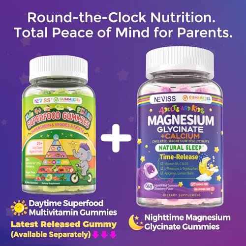 Neviss Magnesium Glycinate + Calcium Filled Gummies for Adults and Kids 4+, Kids Sleep Gummies Melatonin Free, Sugar Free Magnesium Supplement with B6 D3, L-Theanine for Zzz & Relax, Brain, Bone, Muscle - görsel 9