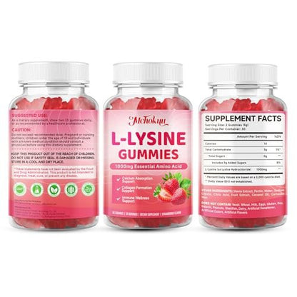 Mchokuu L-Lysine 1000mg Gummies – Chewable Lysine Supplement for Adults & Kids Immune Support – Essential Amino Acid – Vegetarian, Non-GMO, Sugar-Free, Gluten Free – Strawberry Flavor – 60 Counts