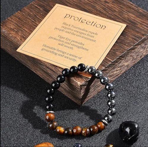 Triple Protection Healing Crystal Beaded Bracelet – Tiger Eye, Black Tourmaline & Hematite Natural Stone Jewelry – Strength & Positive Energy Gift for Men & Women – Christmas & Anniversary - görsel 2