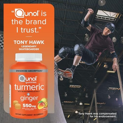 Qunol Turmeric and Ginger with Black Pepper Gummies, Turmeric Curcumin Supplement, Joint Health Support Gummy, 90ct Gummies