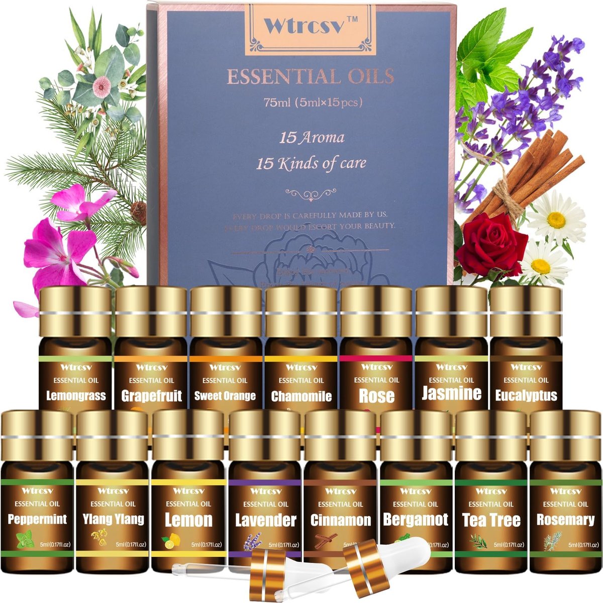 Wtrcsv Essential Oils Set - Top 15 Scents for Diffuser, Humidifier, Skin Care, Aromatherapy, Massage, Candle & Soap Making - Fragrance Gift Set (5ml) - görsel 1