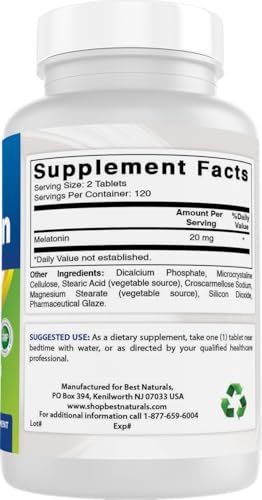 Best Naturals Melatonin 20mg 240 Tablets - Drug-Free Nighttime Sleep Aid - Non-GMO & Gluten Free - görsel 1