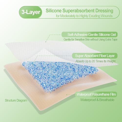 NeuHeils Silicone Super Absorbent Wound Dressing 4''x4'' 20 Packs, Self-Adhesive Waterproof Bandage with Ultrasorb Pad for Heavy Exudates Wound, Soft Gauze Island Dressing - görsel 6