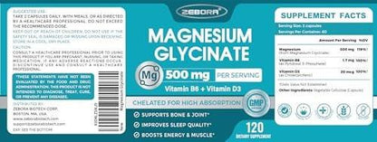 Magnesium Glycinate 500mg, High Absorption Magnesium Supplement with Vitamins B6 & D3, Chelated Magnesium Glycinate Capsules for Muscle, Heart, Calm & Immune Health, Non-Buffered, 120 Capsules