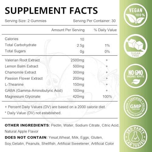 Organic Valerian Root Gummies, Herbal Supplements for Calm & Relaxation, Natural Sleep Support for Adults & Kids, Melatonin Free, Vegan, Non-GMO, Gluten Free, Apple Flavor, 60 Count - görsel 14