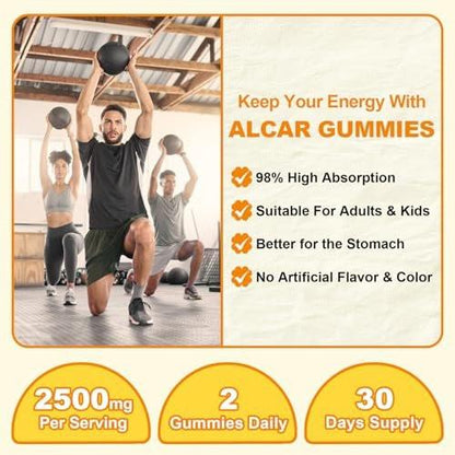 Acetyl L-Carnitine Gummies Sugar Free, Premium L-Carnitine Supplement for Women & Men, ALCAR Supplement for Energy, Muscle, Focus & Brain Support, Gluten-Free, Non-GMO, Vegan, Pineapple Flavor, 60 Ct