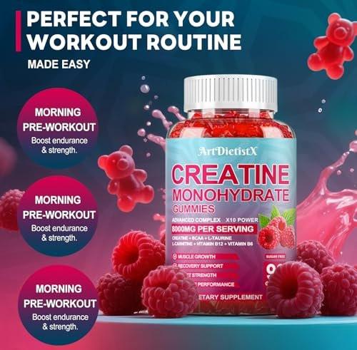 Creatine Monohydrate 5000mg Gummies with BCAA, L-Carnitine, Taurine & Vitamin B12 - Pre Workout Supplement for Muscle Growth, Strength & Energy, Multi-Flavor Chewable Gummies, 90 Count for Men & Women - görsel 9