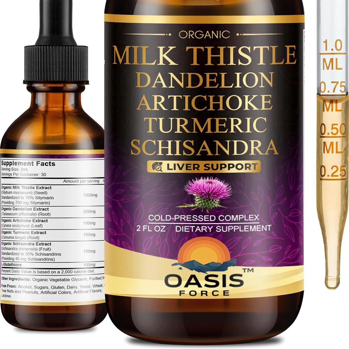 OASIS FORCE Organic Milk Thistle Extract Liquid, Silymarin Milk Thistle Drops Supplement with Dandelion & Artichoke for Digestive Health, Daily Vitality & Liver Support, Vegan, Alcohol-Free, 2 FL OZ - görsel 1