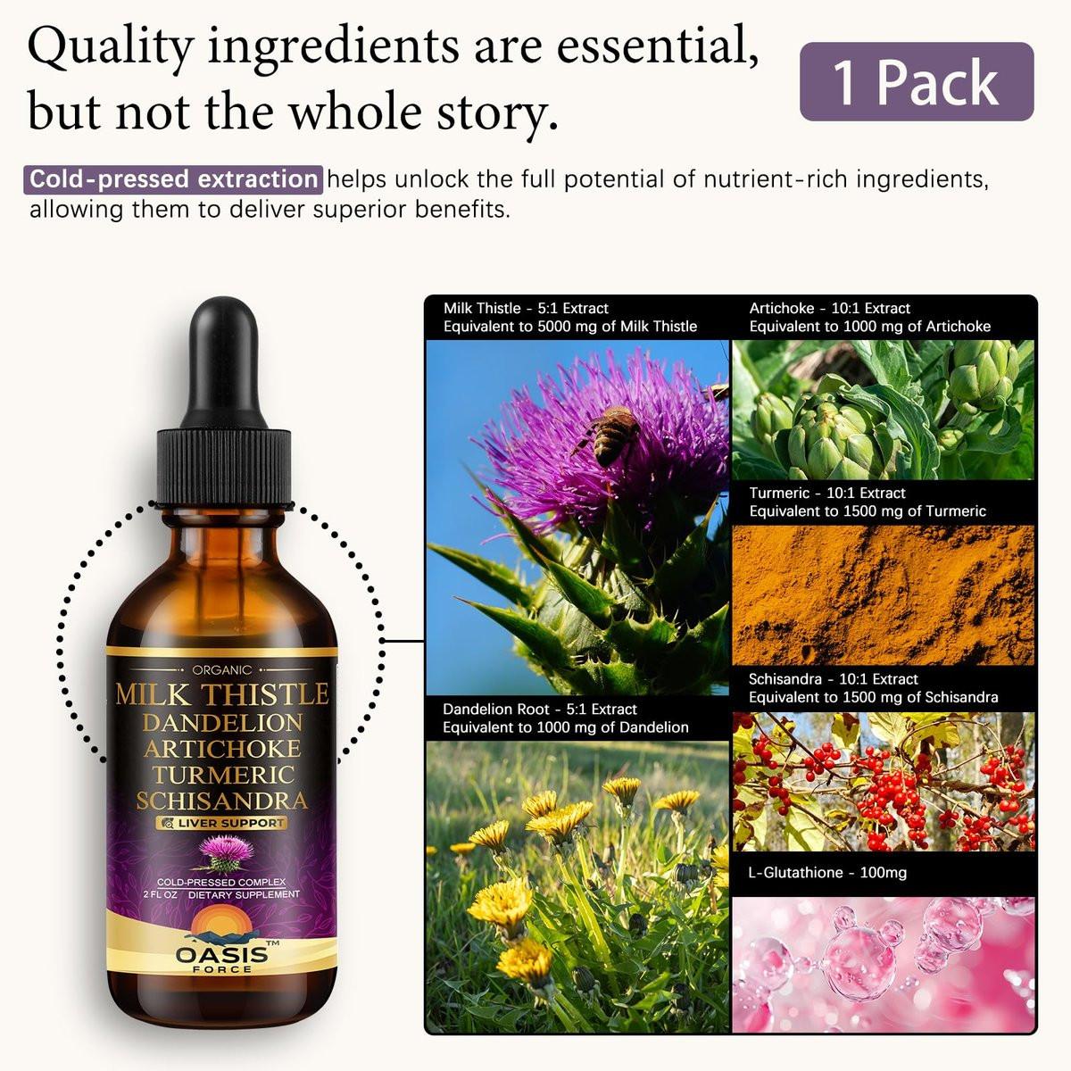 OASIS FORCE Organic Milk Thistle Extract Liquid, Silymarin Milk Thistle Drops Supplement with Dandelion & Artichoke for Digestive Health, Daily Vitality & Liver Support, Vegan, Alcohol-Free, 2 FL OZ - görsel 3