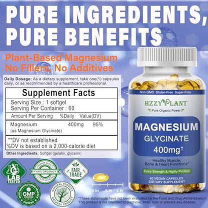 Magnesium Glycinate Softgels, High Absorption Magnesium Glycinate 400mg Supplement for Muscle, Heart, Sleep & Bone Support, Bisglycinate Softgel Capsules Supplement, Vegan, Non-GMO, 2 Month Supply