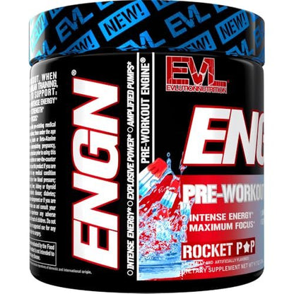 Evlution EVL Intense Pre Workout with Creatine - ENGN Energizing Pre Workout for Men Powder Drink for Lasting Energy Focus and Recovery - with Beta Alanine Caffeine and L Theanine - Rocket Pop