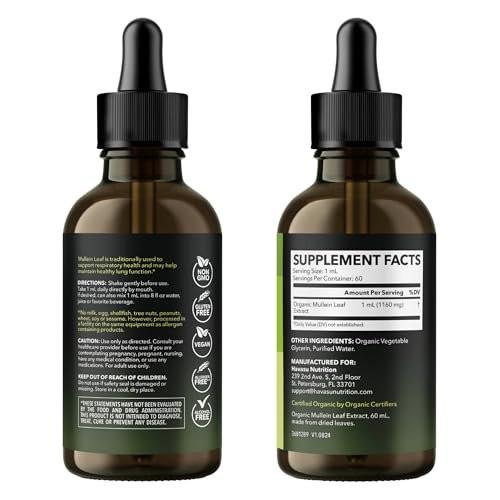 Mullein Drops for Lungs - USDA Organic Mullein Leaf Extract - Respiratory Health and Lung Support Supplement - 2 Fl Oz - Vegan, Non-GMO, and Alcohol Free Formula - Herbal Tincture - 2 Month Supply