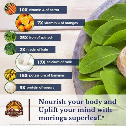 Vitalitown Moringa Capsules, Pure Moringa Oleifera Leaves, No Sticks, No Caffeine, Energy, Immune, 60 Capsules