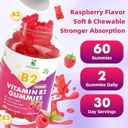 VCCHUYH Vitamin B2 Gummies for Kids & Adults, VIT B2 Riboflavin 400mg Supplement with Magnesium for Migraine Relief & Nervous System Support, Non-GMO, Vegan, Raspberry Flavor 60 Count - görsel 7