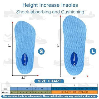 Dr. Shoesert 3-Layer Adjustable Height Increase Insoles, 3/4 Length Shock Absorption Cushion Heel Lift Inserts (Pale Blue, Small)