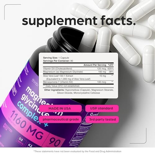 Magnesium Glycinate 1160mg + Aloe Vera, D3 & K2 Complex 90 Capsules - High Absorption, Non-Laxative - Supports Muscle Function & Healthy Metabolism Chelated Formula - görsel 8