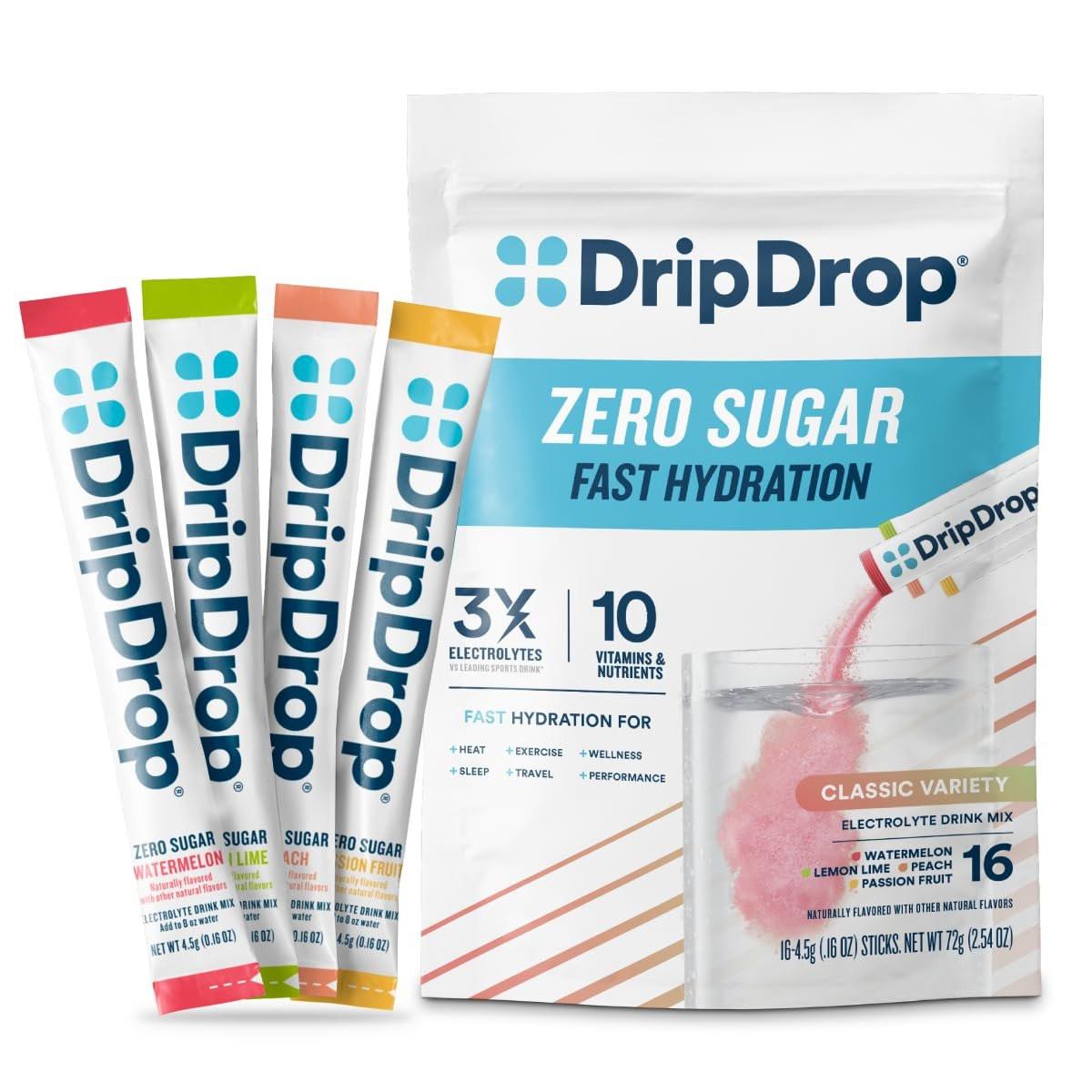 DripDrop Sugar Free Hydration Packets - Zero Classic Variety Pack - Single Serve Electrolytes Powder Drink Mix - Lemon Lime, Watermelon, Peach, Passion Fruit - Non-GMO, Gluten Free, Vegan - 16 Sticks - görsel 5