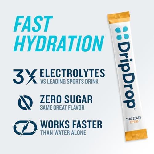 DripDrop Sugar Free Hydration Packets - Zero Citrus Variety Pack - Single Serve Electrolytes Powder Drink Mix - Cherry Limeade, Citrus, Orange, Strawberry Lemonade - Non-GMO, Gluten Free - 16 Sticks - görsel 4