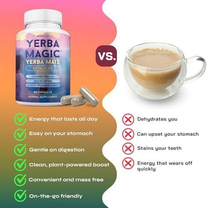 Yerba Magic Yerba Mate Capsules - 100% Pure Extract, High Potency Energy & Focus - 75mg Clean Caffeine Yerba Mate Pill, No Jitters, No Fillers - Unsmoked, South American Sourced - 60 Day Supply