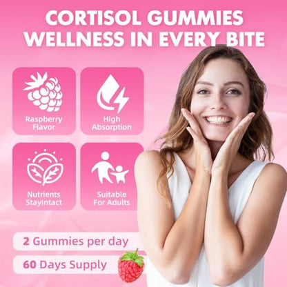 Cortisol Gummies for Women, Cortisol Supplements Gummies with Magnesium Ashwagandha Rhodiola Rosea and L-theanine Complex for Relaxation and Focus, Zzz Support, Raspberry Flavor, 60 Count