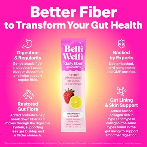 Belli Welli Daily Fiber Supplement Packets with Collagen, Probiotics & Electrolytes | Single Serve Packets for Gut Health, Digestion & Debloating | Strawberry Lemonade | 10 Count - görsel 1