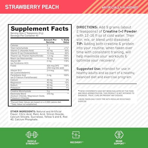 Optimum Nutrition Creatine Monohydrate Plus Powder, Strawberry Peach Flavored Creatine Performance Blend, with Electrolytes for Hydration, Added Vitamins, 40 Servings, 360 Grams - görsel 5