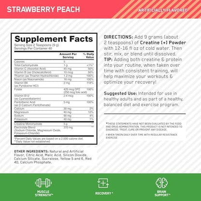 Optimum Nutrition Creatine Monohydrate Plus Powder, Strawberry Peach Flavored Creatine Performance Blend, with Electrolytes for Hydration, Added Vitamins, 40 Servings, 360 Grams