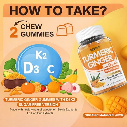 Sugar Free Turmeric Ginger Gummies 1500mg with Vitamin D3 5000IU & K2 for Women & Men, Curcumin Ginger Gummies for Adults for Immune & Digestive Support - Vegan, Mango Flavor, 60 Count - görsel 4