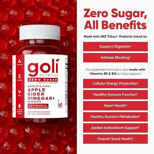 Goli Zero Sugar Apple Cider Vinegar Gummies - ACV with Vitamin B12 and Probiotics - No Sugar Alcohols - Vegan, Keto-Friendly, Gluten-Free - görsel 7
