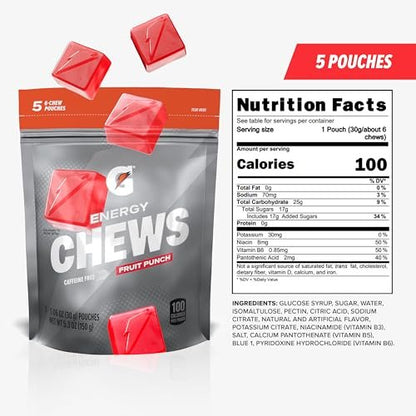 Gatorade Energy Chews, Fruit Punch, Caffeine Free, B12, 100 Calorie Pouches (5 Pack)