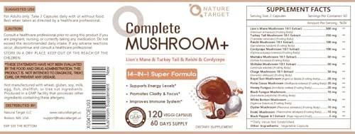 NATURE TARGET 14-in-1 Mushroom Supplement - Mushroom Complex with Lion's Mane, Cordyceps, Reishi & Turkey Tail - Caffeine-Free Energy, Memory & Immune Support - Vegan, 120 Capsules - görsel 16