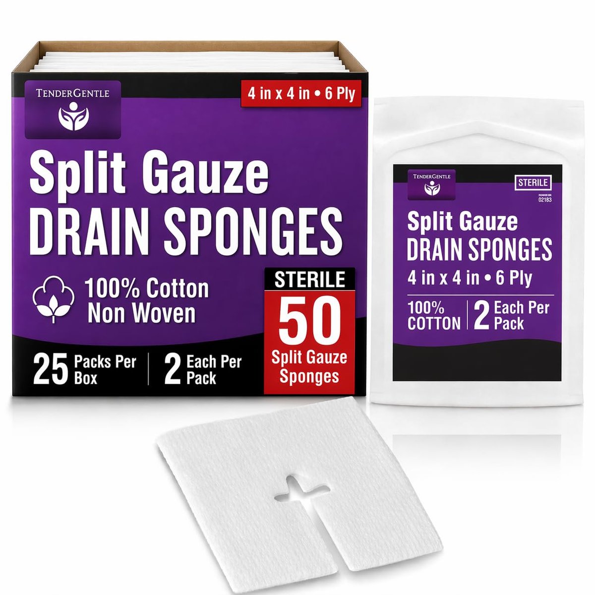 Split Gauze Sponges 4x4 Sterile [Pack of 50] 6 Ply Feeding Tube Pads - Drain Sponges for Catheters, IVs, Tracheostomy, and G Tubes - görsel 7