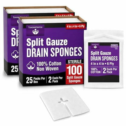 Split Gauze Sponges 4x4 Sterile - [Pack of 100] 6 Ply Feeding Tube Pads - Drain Sponges for Catheters, IVs, Tracheostomy, and G Tubes