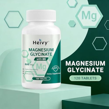 Heivy Pure Magnesium Glycinate 500mg with Vitamin B6, 100% Chelated & Purified Supports Nerve Relief, Sleep Aid & Muscle Support, Vegan & Non-GMO, Made in USA, 3rd Party Tested, 120 Tablets