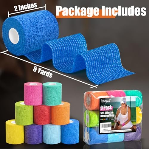 Upgraded 9-Pack Self Adhesive Bandage Wrap – 2 Inches × 5 Yards Elastic Cohesive Bandage Wrap, Self Sticking Vet Wrap, Stretch Sports Athletic Wrap Self-Adhering Adherent Wrist Tape (Multi Color) - görsel 1