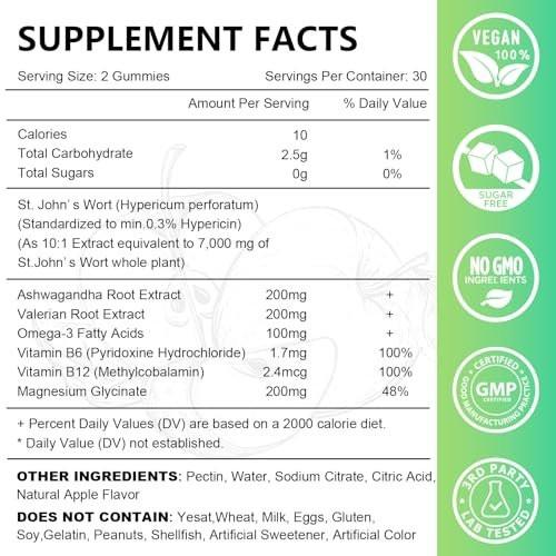 St John's Wort Gummies 700mg, Natural Herbal Supplement for Adults & Kids, Support Calm, Relaxation & Brain Health, Vegan, Non-GMO, Gluten Free, Apple Flavor, 60 Count - görsel 1