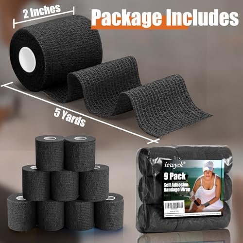 Upgraded 9-Pack Self Adhesive Bandage Wrap – 2 Inches × 5 Yards Elastic Cohesive Bandage Wrap, Self Sticking Vet Wrap, Stretch Sports Athletic Wrap Self-Adhering Adherent Wrist Tape (Black) - görsel 1