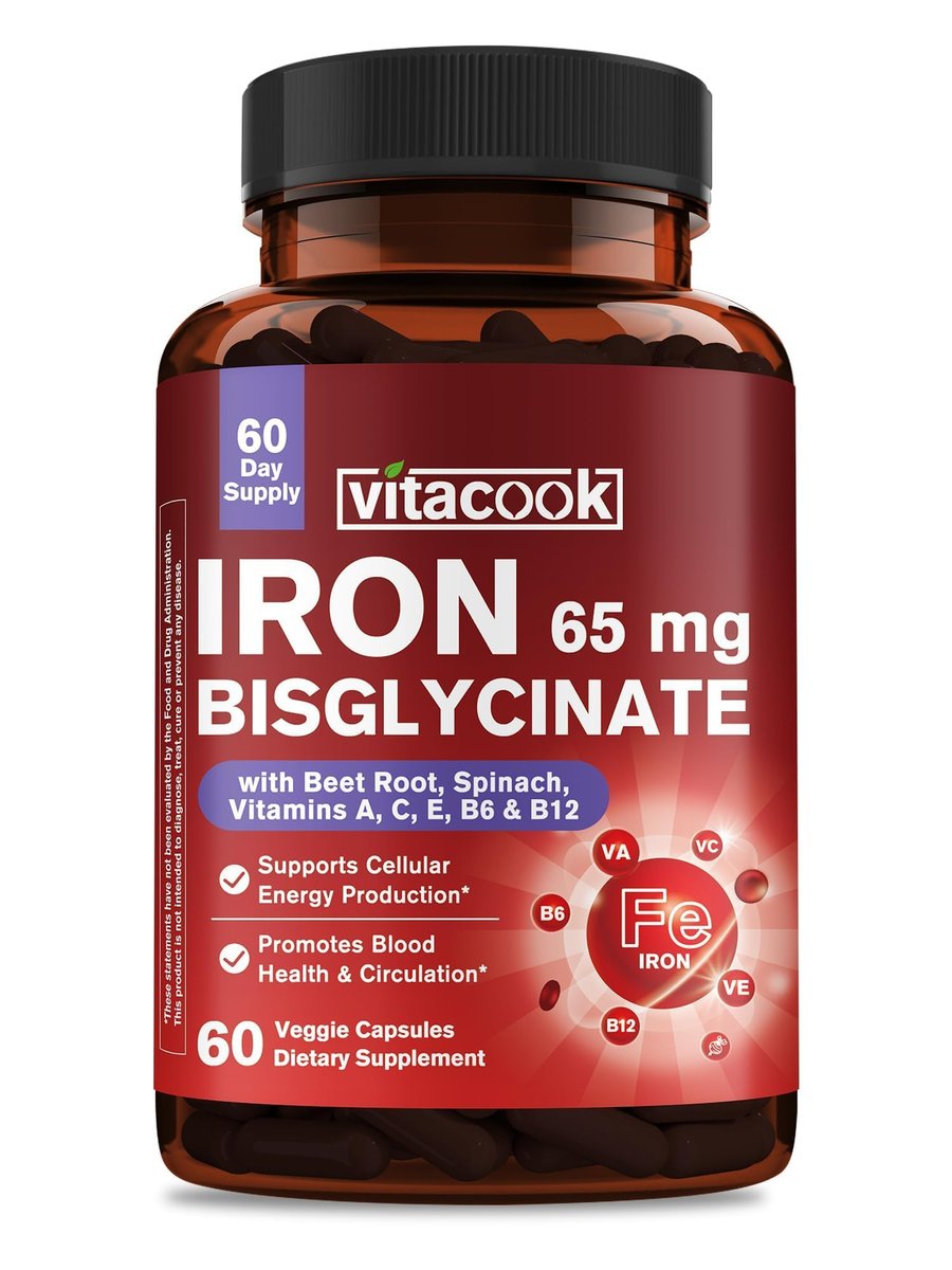Iron Supplement for Women & Men, 65mg Ferrous Bisglycinate Chelate, Slow Release Iron with Vitamins A C E B6, B12, Folate, Organic Spinach & Beet Root Powder, for Blood Flow & Energy Support, 60 Caps - görsel 16