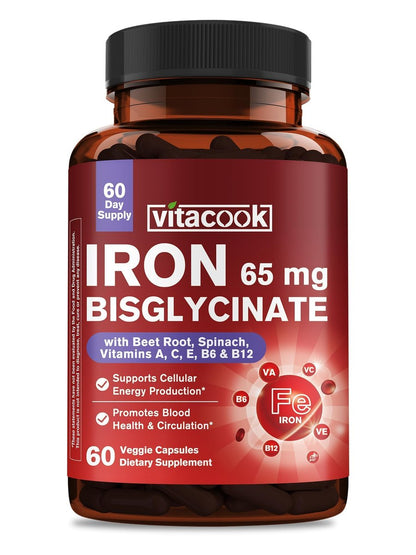 Iron Supplement for Women & Men, 65mg Ferrous Bisglycinate Chelate, Slow Release Iron with Vitamins A C E B6, B12, Folate, Organic Spinach & Beet Root Powder, for Blood Flow & Energy Support, 60 Caps