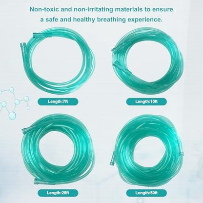 DWCHECK 3 Pack Oxygen Tubing, 25Ft Green Crush Resistant Oxygen Supply Tubing, Non Kinking Durable Oxygen Tubes, Universal Interface, Individually Packaged