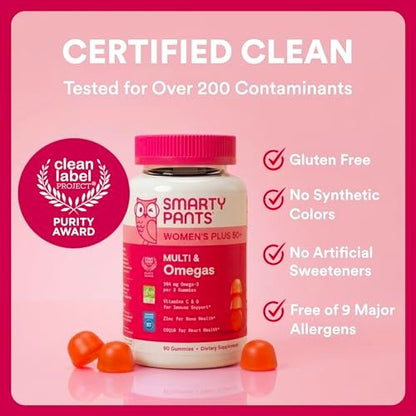 SmartyPants Multivitamin Gummy for Women 50 and Over, Omega 3 (DHA/EPA), Methylfolate, CoQ10, Vitamin D3, C, Vitamin B12, B6, A, K, Biotin, Gluten Free, 90 Count (30 Day Supply)