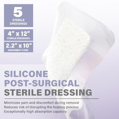 EVERLIT Post-Surgical Dressing | Sterile Waterproof Adhesive Dressing for Post-Operative Wound Care | Hypoallergenic Silicone Coated Bandage for Surgical Incision Pack of 5 (4" x 12")