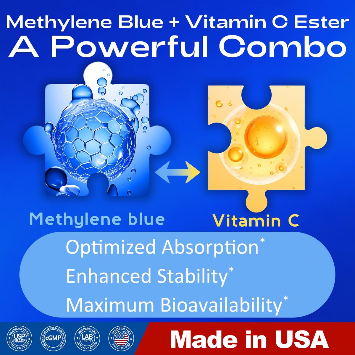 Bluesun Methylene Blue Capsules - Supplement with Vitamin C Ester, 90 Capsules, Pharmaceutical USP Grade, Third-Party Tested, Manufactured in The USA - görsel 5