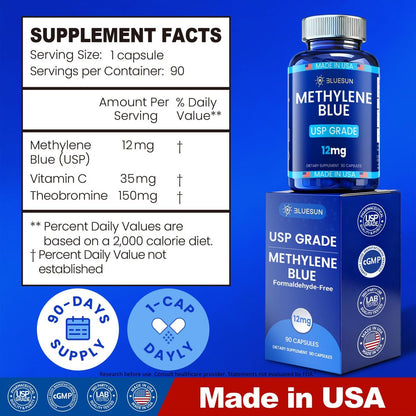 Bluesun Methylene Blue Capsules - Supplement with Vitamin C Ester, 90 Capsules, Pharmaceutical USP Grade, Third-Party Tested, Manufactured in The USA
