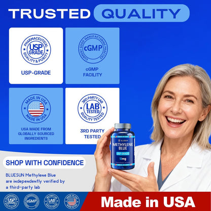 Bluesun Methylene Blue Capsules - Supplement with Vitamin C Ester, 90 Capsules, Pharmaceutical USP Grade, Third-Party Tested, Manufactured in The USA