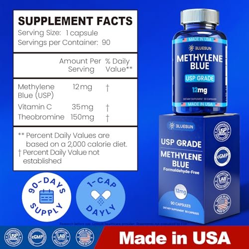 Bluesun Methylene Blue Capsules - Supplement with Vitamin C Ester, 90 Capsules, Pharmaceutical USP Grade, Third-Party Tested, Manufactured in The USA - görsel 4