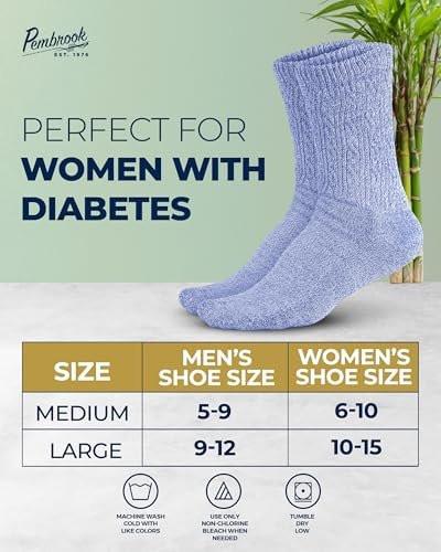 Pembrook Womens Diabetic Socks Size 9-11, Diabetic Crew Socks for Women & Men, Non Binding Socks for Swollen Feet, Socks for Diabetics Women, Bamboo Viscose Soft Comfort Socks, Multi Colors 6 Pairs