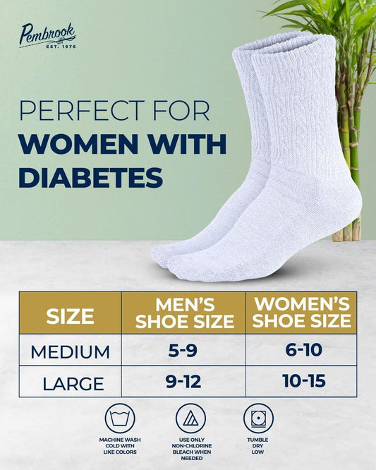 Pembrook Women's Diabetic Socks Size 9-11, Non Binding Socks for Swollen Feet, Diabetic Crew Socks for Women & Men, Bamboo Viscose Comfort Socks, White 6 Pairs